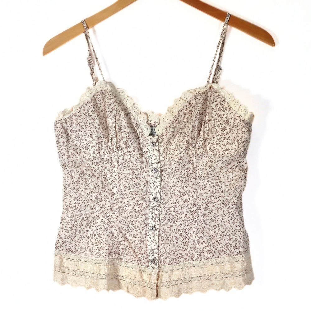 Guess Jeans Womens Camisole Top Medium Cream Floral Lace Rhinestone Cottagecore